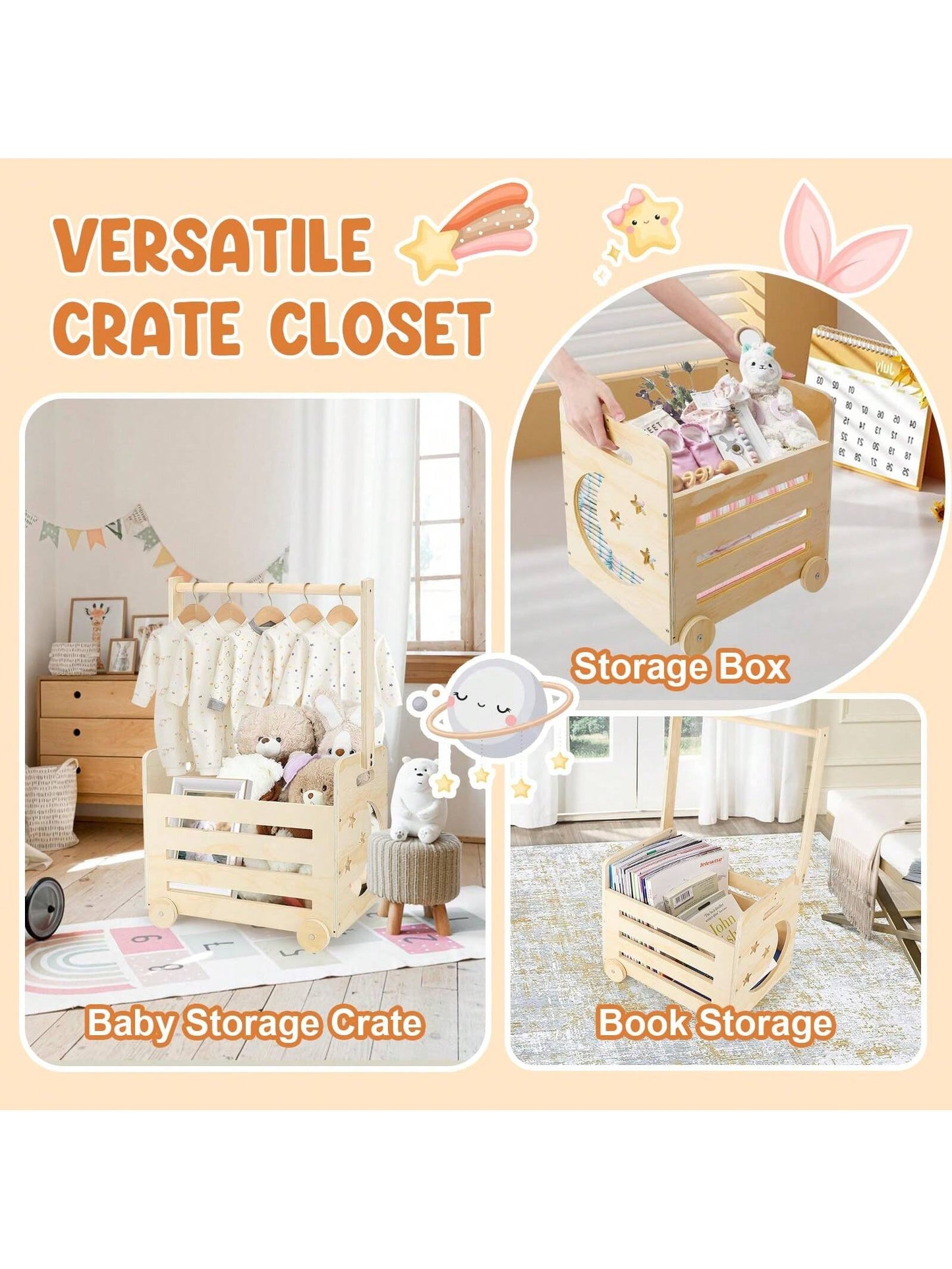 Wooden Baby Shower Crate Closet With Wheels & Higher Handle, Pushable Baby Shower Gifts Baby Basket, Wooden Crate For Storage