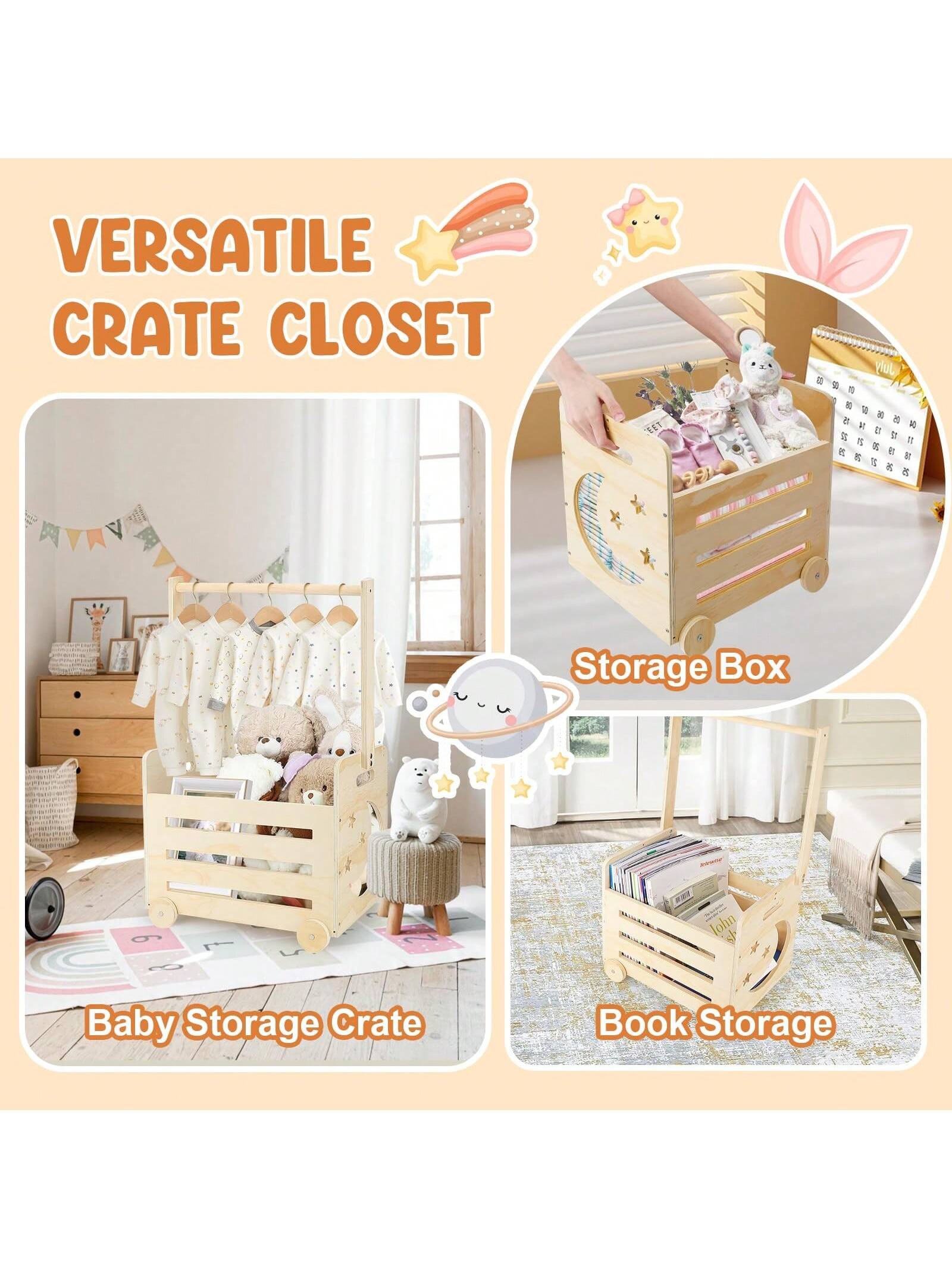 Wooden Baby Shower Crate Closet With Wheels & Higher Handle, Pushable Baby Shower Gifts Baby Basket, Wooden Crate For Storage