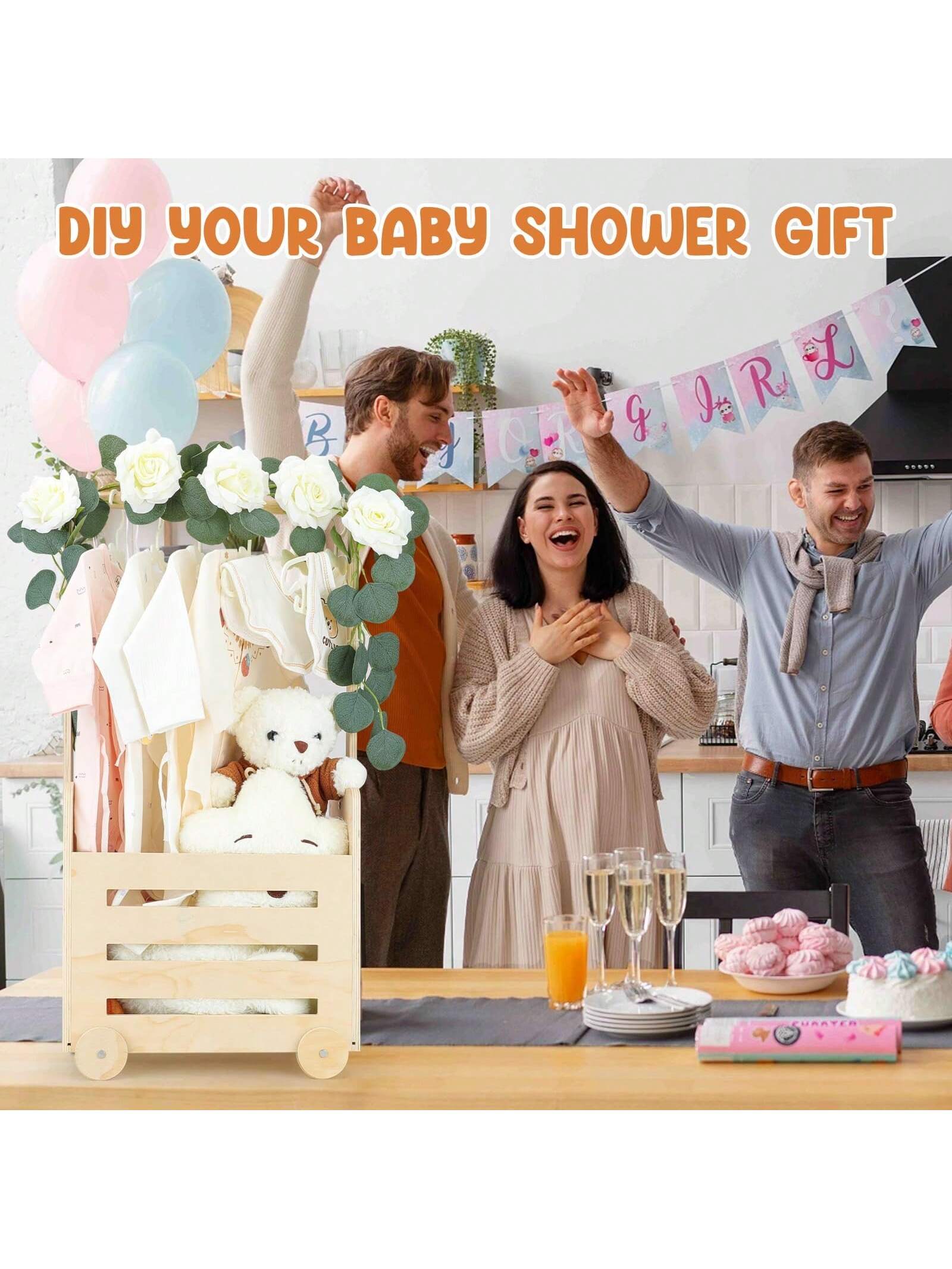 Wooden Baby Shower Crate Closet With Wheels & Higher Handle, Pushable Baby Shower Gifts Baby Basket, Wooden Crate For Storage