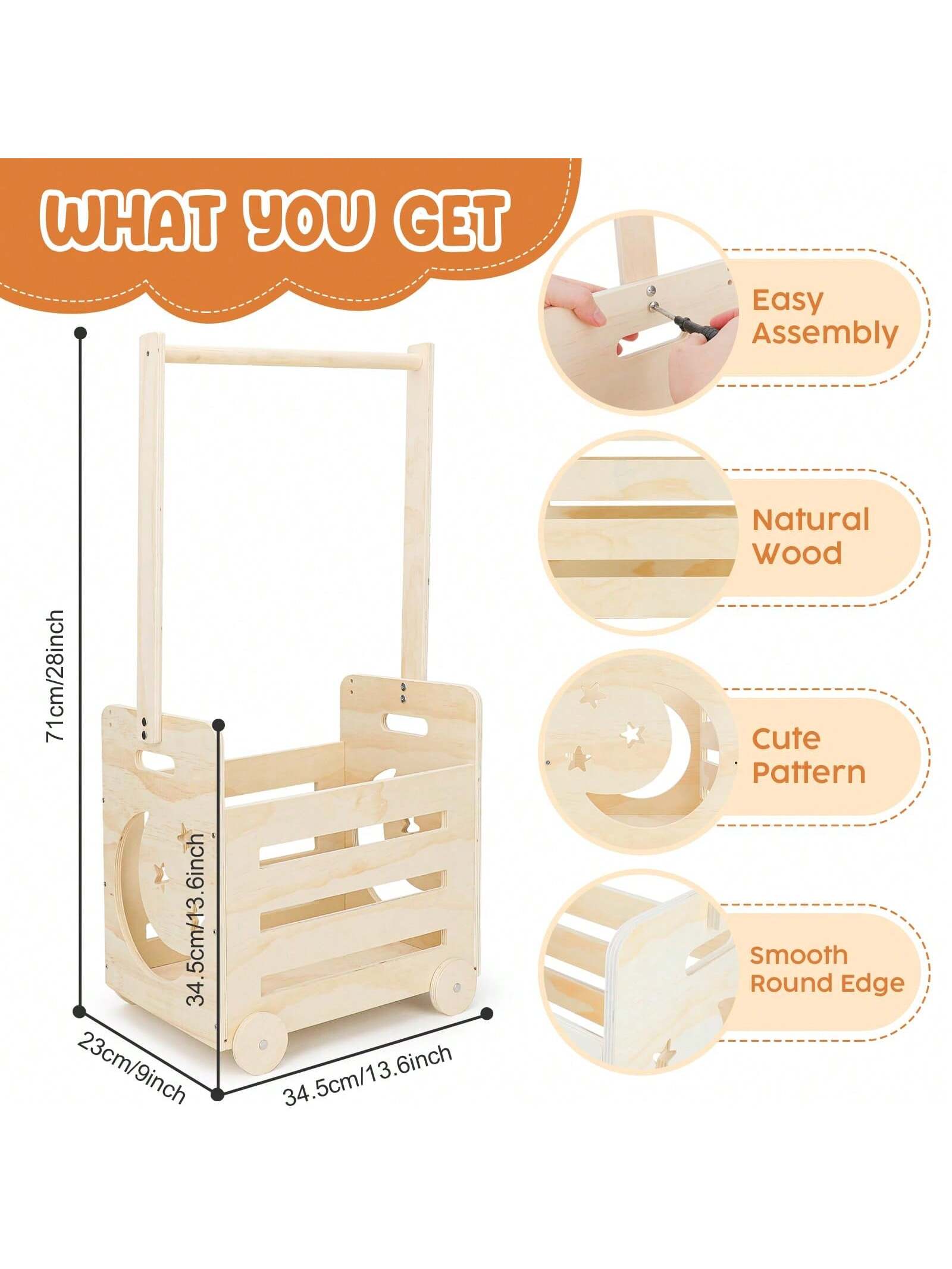 Wooden Baby Shower Crate Closet With Wheels & Higher Handle, Pushable Baby Shower Gifts Baby Basket, Wooden Crate For Storage