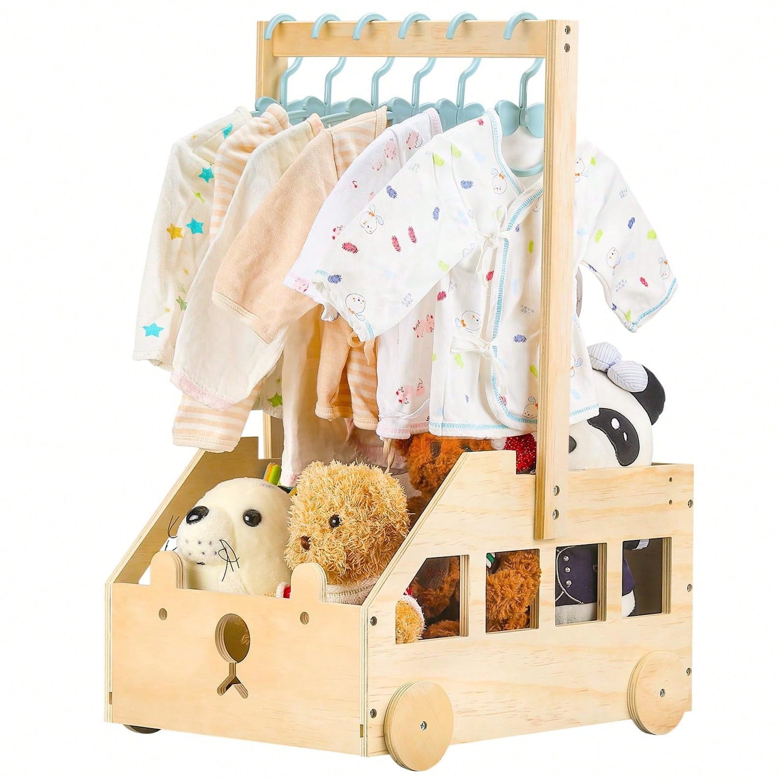 Wooden Baby Shower Crate Closet With Wheels & Higher Handle, Pushable Baby Shower Gifts Baby Basket, Wooden Crate For Storage