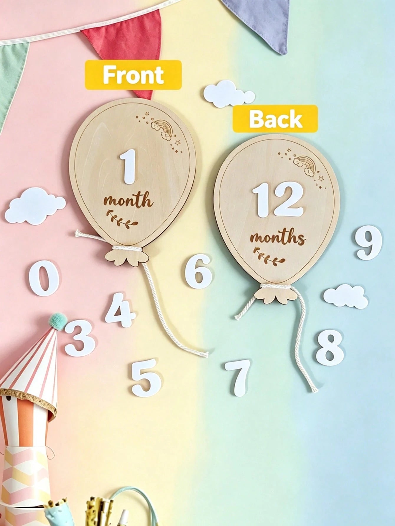 Wooden Balloon Milestone Sign Set, Interchangeable Milestone Card Set, Double-Sided Baby Milestone Birth Announcement Board, Newborn 1-12 Months Photo Props, Boy Girl Balloon Milestone Sign, Number Mo