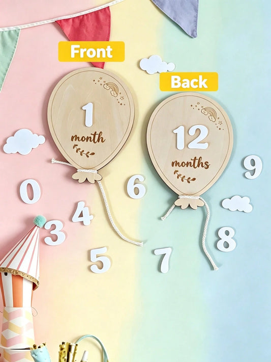 Wooden Balloon Milestone Sign Set, Interchangeable Milestone Card Set, Double-Sided Baby Milestone Birth Announcement Board, Newborn 1-12 Months Photo Props, Boy Girl Balloon Milestone Sign, Number Mo