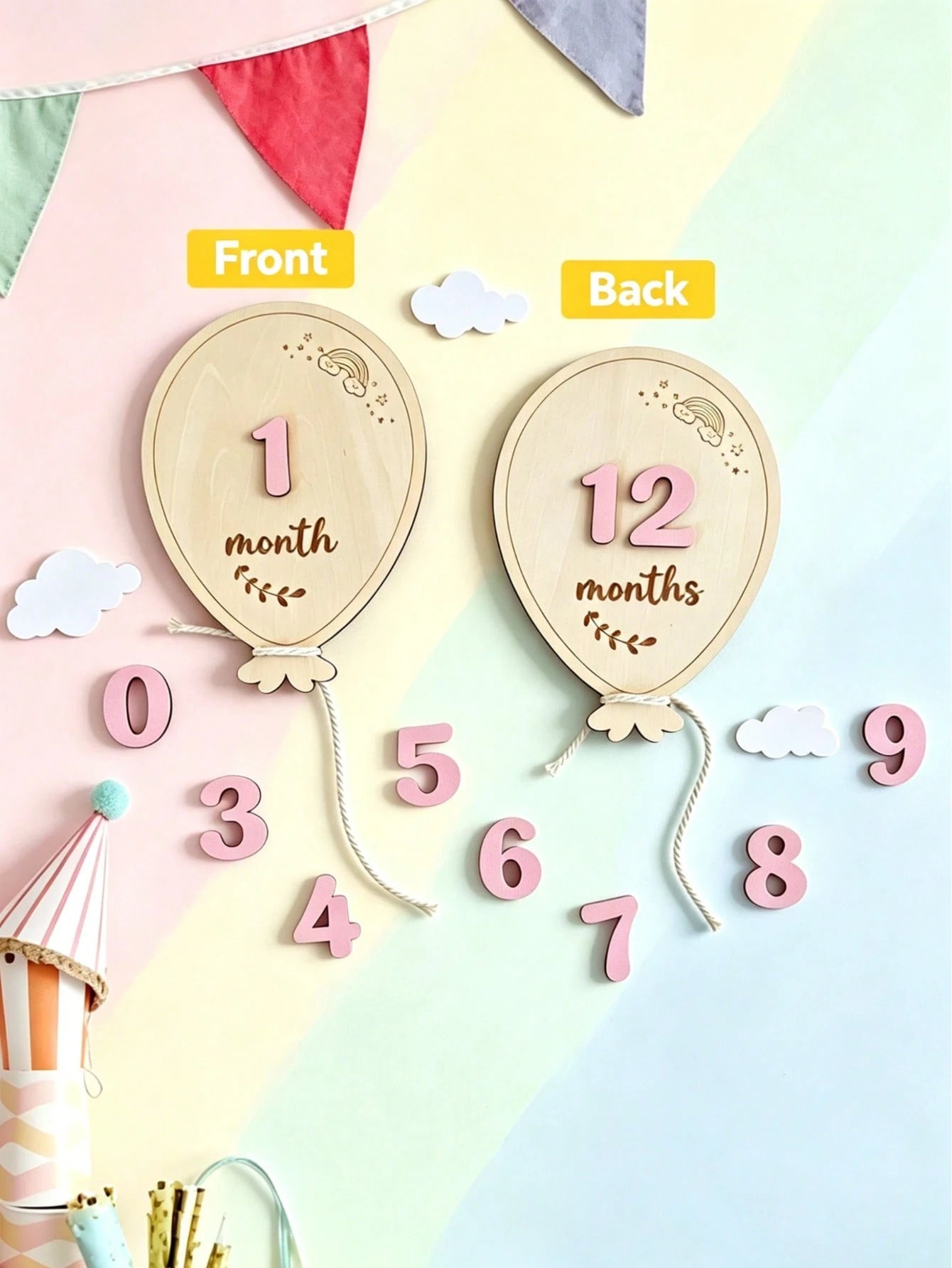 Wooden Balloon Milestone Sign Set, Interchangeable Milestone Card Set, Double-Sided Baby Milestone Birth Announcement Board, Newborn 1-12 Months Photo Props, Boy Girl Balloon Milestone Sign, Number Mo