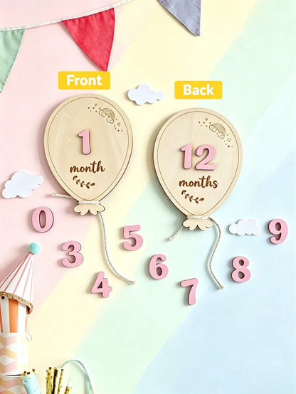 Wooden Balloon Milestone Sign Set, Interchangeable Milestone Card Set, Double-Sided Baby Milestone Birth Announcement Board, Newborn 1-12 Months Photo Props, Boy Girl Balloon Milestone Sign, Number Mo