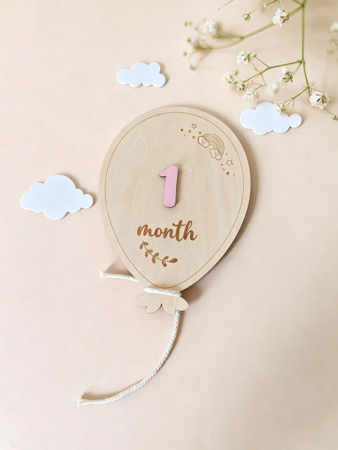 Wooden Balloon Milestone Sign Set, Interchangeable Milestone Card Set, Double-Sided Baby Milestone Birth Announcement Board, Newborn 1-12 Months Photo Props, Boy Girl Balloon Milestone Sign, Number Mo
