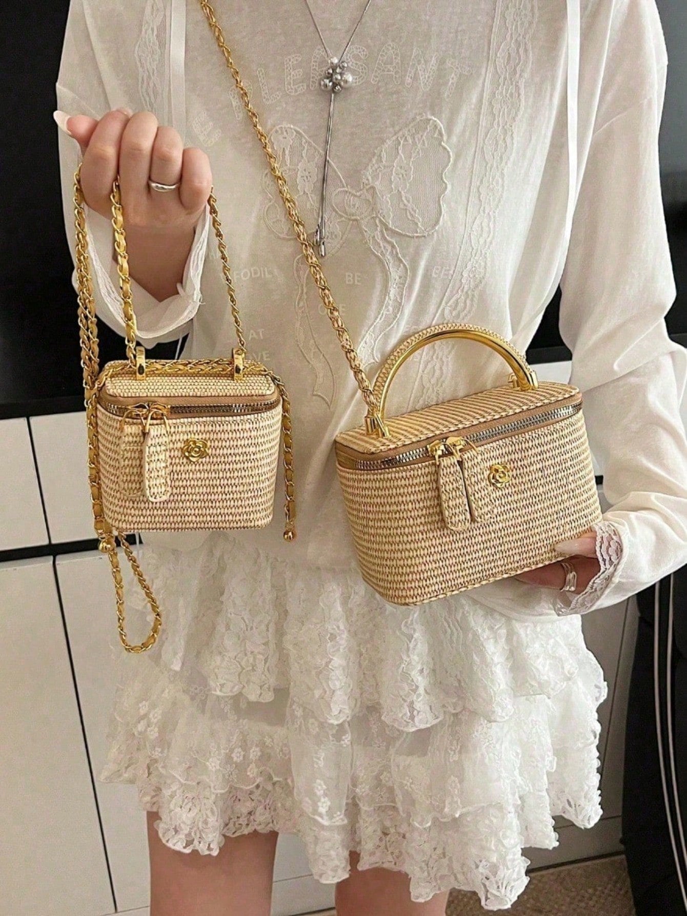 Woven Texture Box-Shaped Crossbody Bag, Summer Straw Bohemian Chic Chain Handbag, Versatile Small Square Purse For Beach Vacation & Daily Use