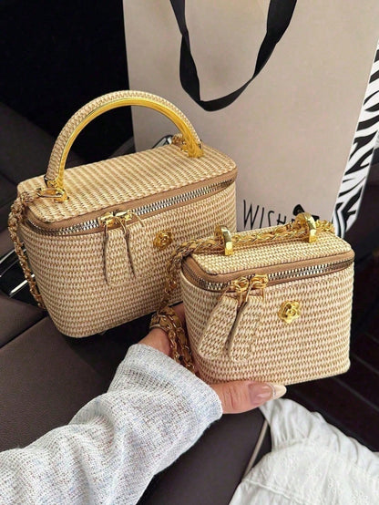Woven Texture Box-Shaped Crossbody Bag, Summer Straw Bohemian Chic Chain Handbag, Versatile Small Square Purse For Beach Vacation & Daily Use
