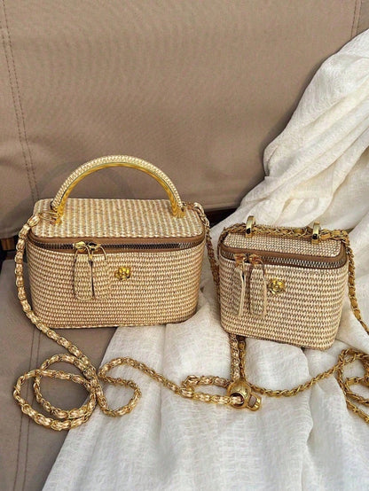 Woven Texture Box-Shaped Crossbody Bag, Summer Straw Bohemian Chic Chain Handbag, Versatile Small Square Purse For Beach Vacation & Daily Use