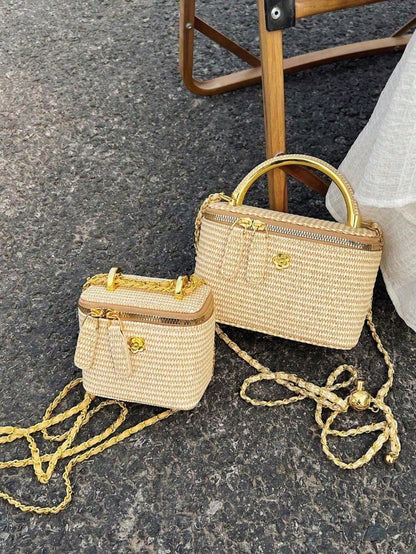 Woven Texture Box-Shaped Crossbody Bag, Summer Straw Bohemian Chic Chain Handbag, Versatile Small Square Purse For Beach Vacation & Daily Use