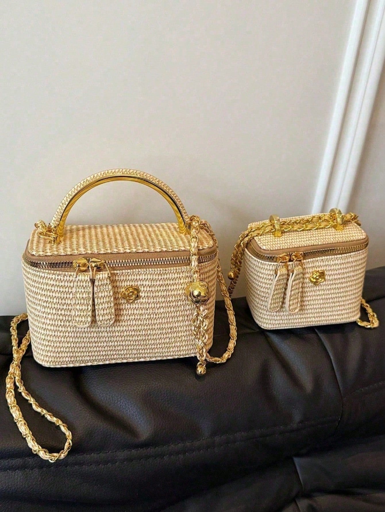Woven Texture Box-Shaped Crossbody Bag, Summer Straw Bohemian Chic Chain Handbag, Versatile Small Square Purse For Beach Vacation & Daily Use