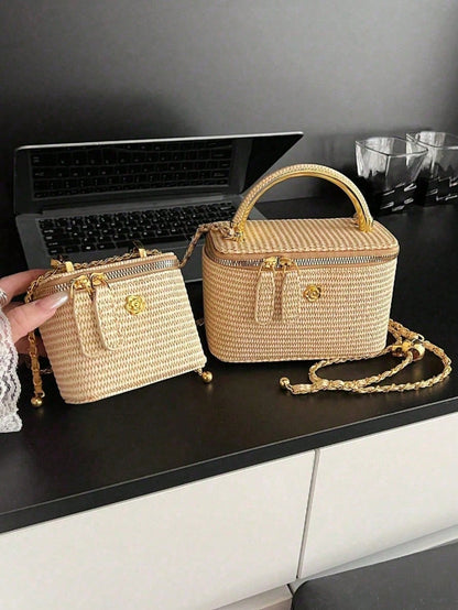 Woven Texture Box-Shaped Crossbody Bag, Summer Straw Bohemian Chic Chain Handbag, Versatile Small Square Purse For Beach Vacation & Daily Use