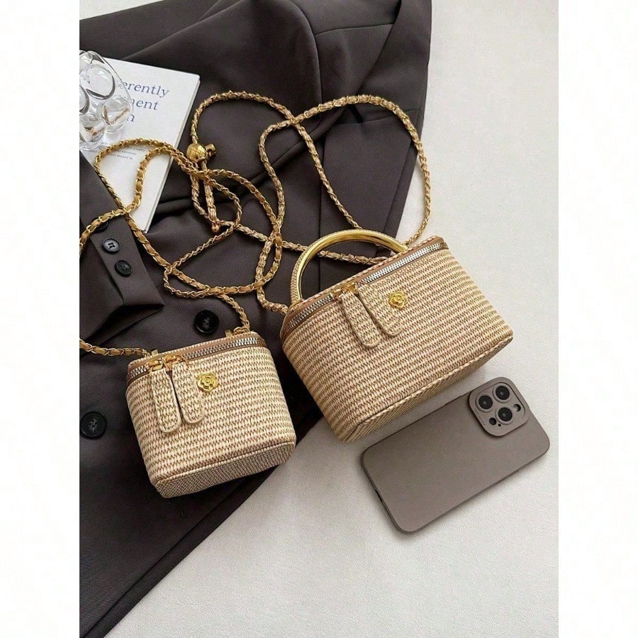 Woven Texture Box-Shaped Crossbody Bag, Summer Straw Bohemian Chic Chain Handbag, Versatile Small Square Purse For Beach Vacation & Daily Use