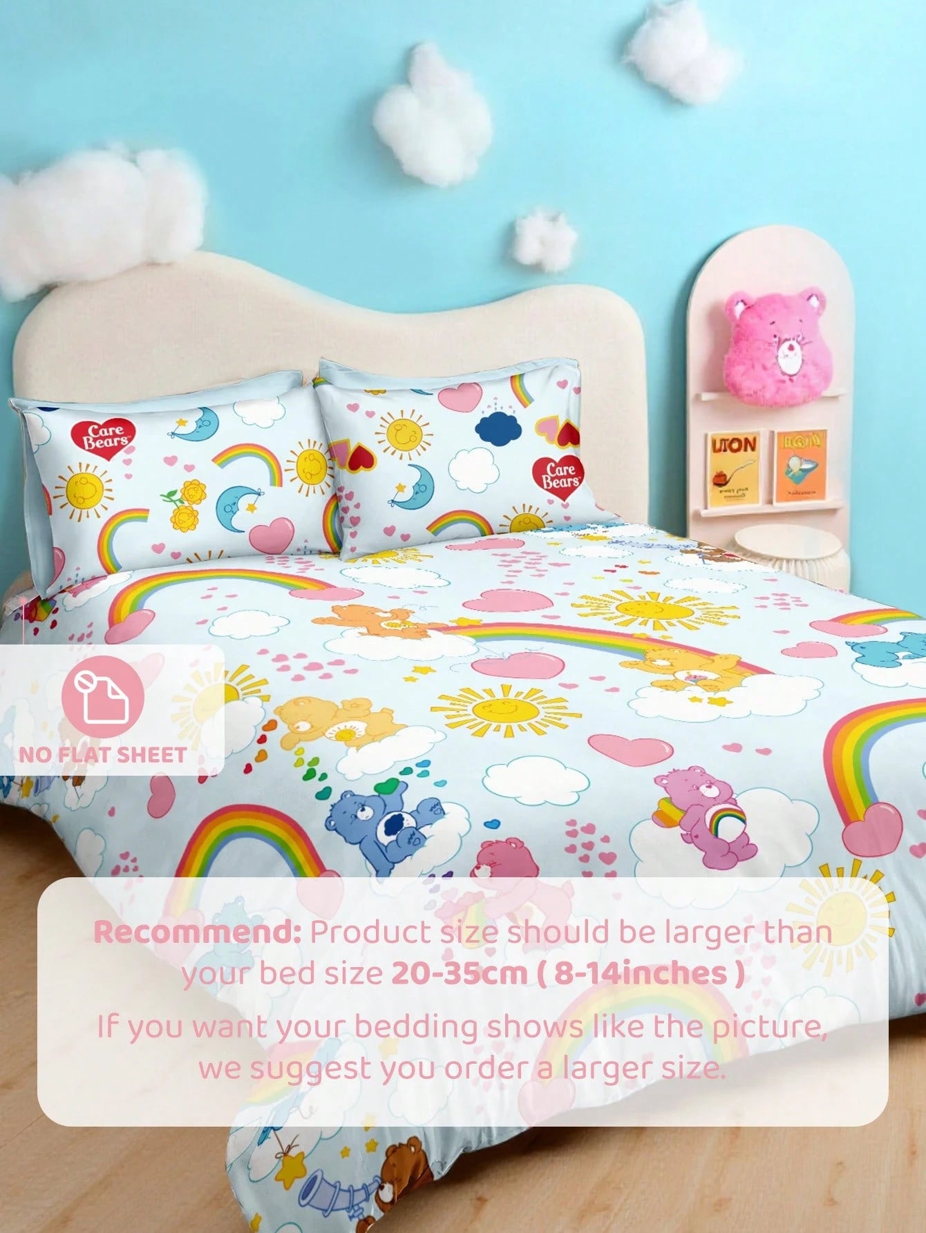 X Care Bears 3Pc Blue Rainbow Cloud Cute Printed Quilt Set, Sanded Material, Soft And Warm, Multiple Sizes, Suitable For Single Bed/Double Bed/Queen Bed/King Bed, Machine Washable