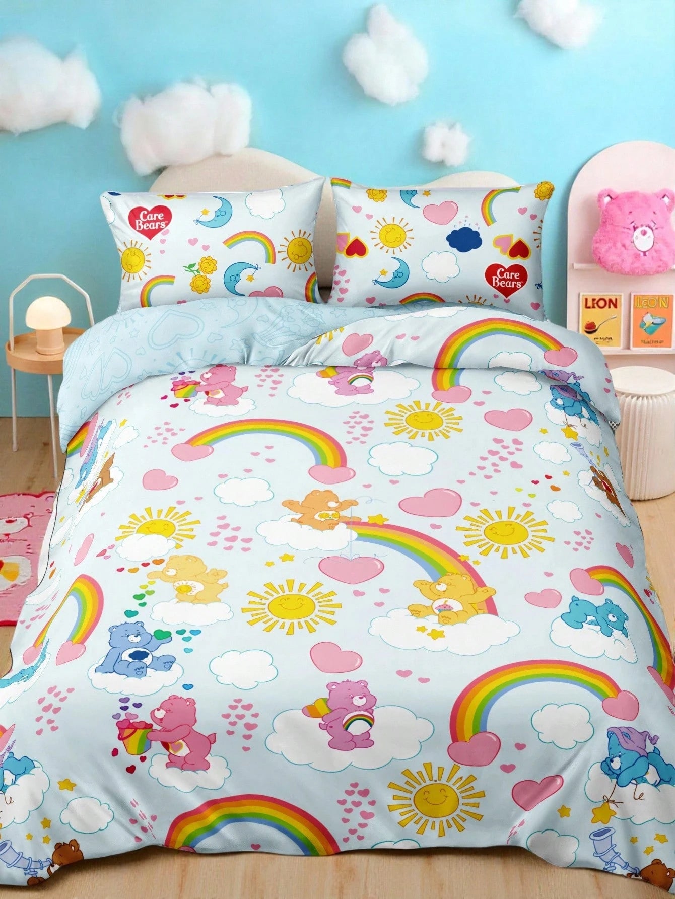 X Care Bears 3Pc Blue Rainbow Cloud Cute Printed Quilt Set, Sanded Material, Soft And Warm, Multiple Sizes, Suitable For Single Bed/Double Bed/Queen Bed/King Bed, Machine Washable