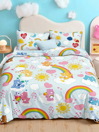 X Care Bears 3Pc Blue Rainbow Cloud Cute Printed Quilt Set, Sanded Material, Soft And Warm, Multiple Sizes, Suitable For Single Bed/Double Bed/Queen Bed/King Bed, Machine Washable