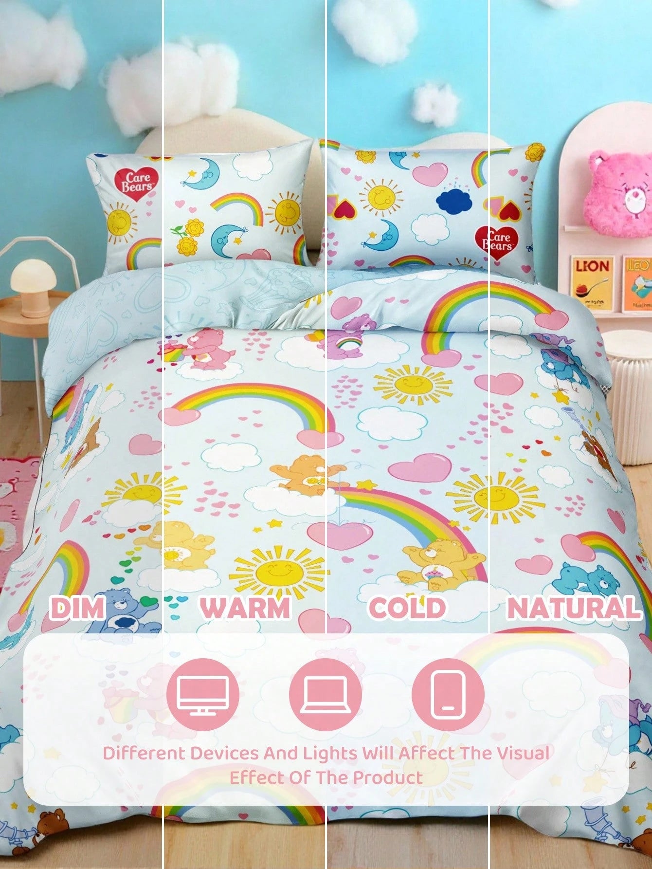 X Care Bears 3Pc Blue Rainbow Cloud Cute Printed Quilt Set, Sanded Material, Soft And Warm, Multiple Sizes, Suitable For Single Bed/Double Bed/Queen Bed/King Bed, Machine Washable