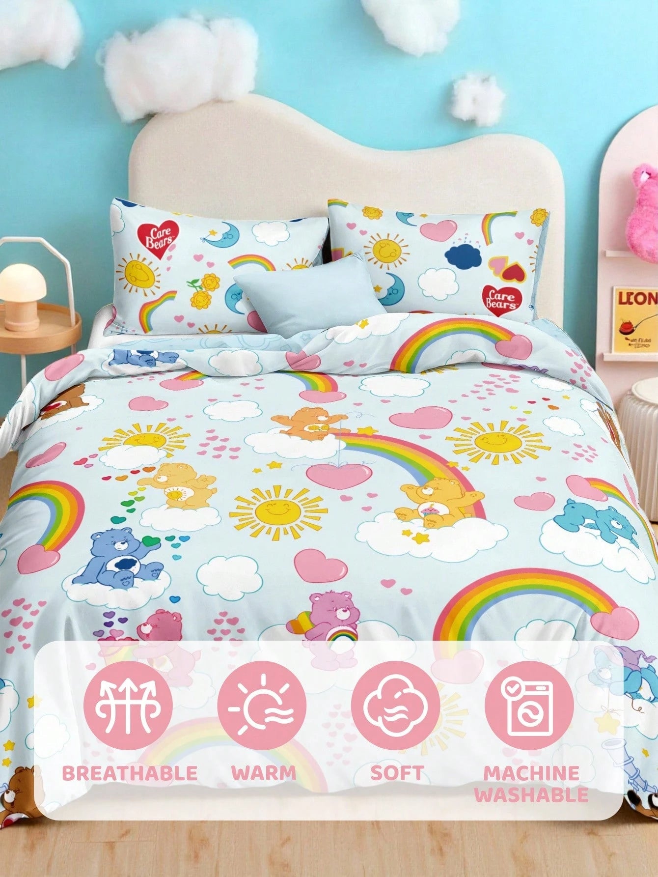 X Care Bears 3Pc Blue Rainbow Cloud Cute Printed Quilt Set, Sanded Material, Soft And Warm, Multiple Sizes, Suitable For Single Bed/Double Bed/Queen Bed/King Bed, Machine Washable