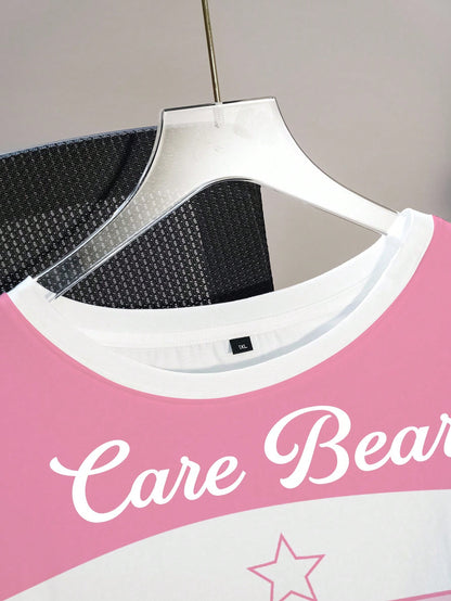 X Care Bears Plus Size Women's Digital Bear Print Contrast Color Round Neck Short Sleeve T-Shirt