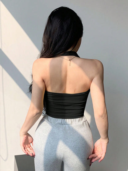X ITS MICH DAZY Women Summer Casual Solid Color Slim Fit Halter Top Going Out Tops