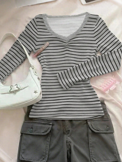 X ITS MICH INAWLY Women's Fashion Casual Elegant Cute Streetwear Mixed Striped Lace Trim Long Sleeve T-Shirt Fall Cloth For Women