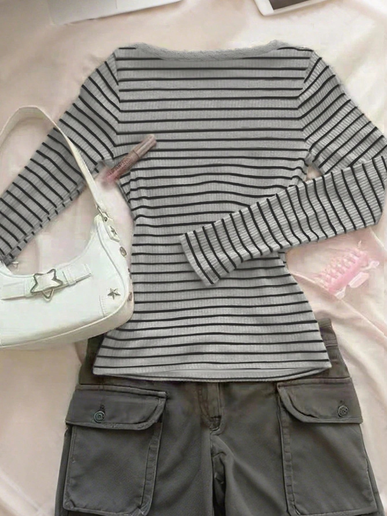 X ITS MICH INAWLY Women's Fashion Casual Elegant Cute Streetwear Mixed Striped Lace Trim Long Sleeve T-Shirt Fall Cloth For Women