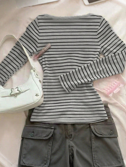 X ITS MICH INAWLY Women's Fashion Casual Elegant Cute Streetwear Mixed Striped Lace Trim Long Sleeve T-Shirt Fall Cloth For Women