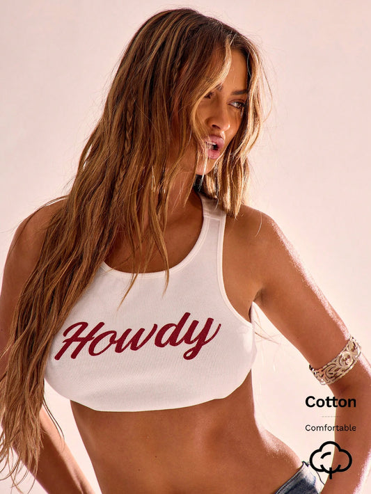 X YERIMUA MUSERA Racer Style Western Howdy Text Graphic Crop Tank Top Boho Club Hoedown Graphic Top Festival Ibiza Tops