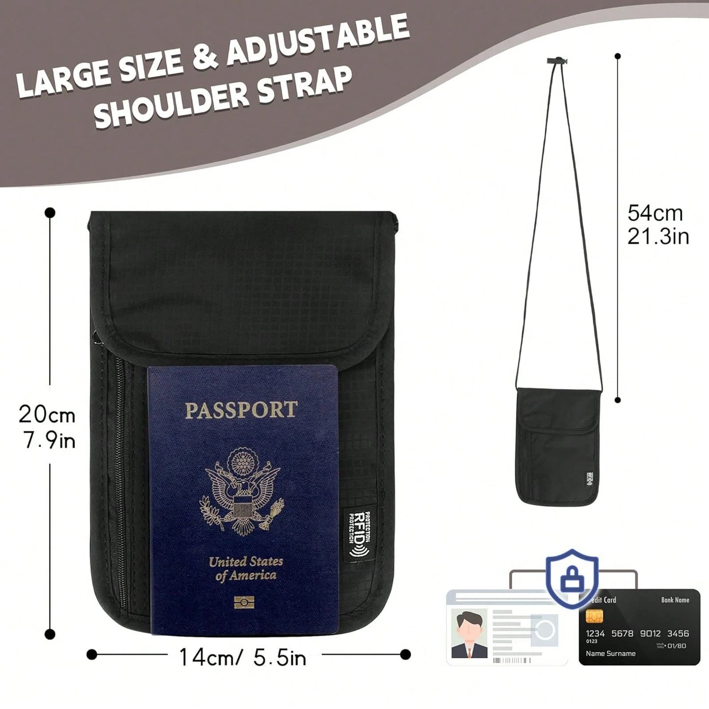 XAXRE Travel Neck Wallet (5.5 Inches Long X 7.9 Inches Wide), RFID Anti-Theft Passport Holder (Crossbody/Neck), Adjustable Strap Length (21.3 Inches), Secure And Lightweight Passport Travel Wallet, Me