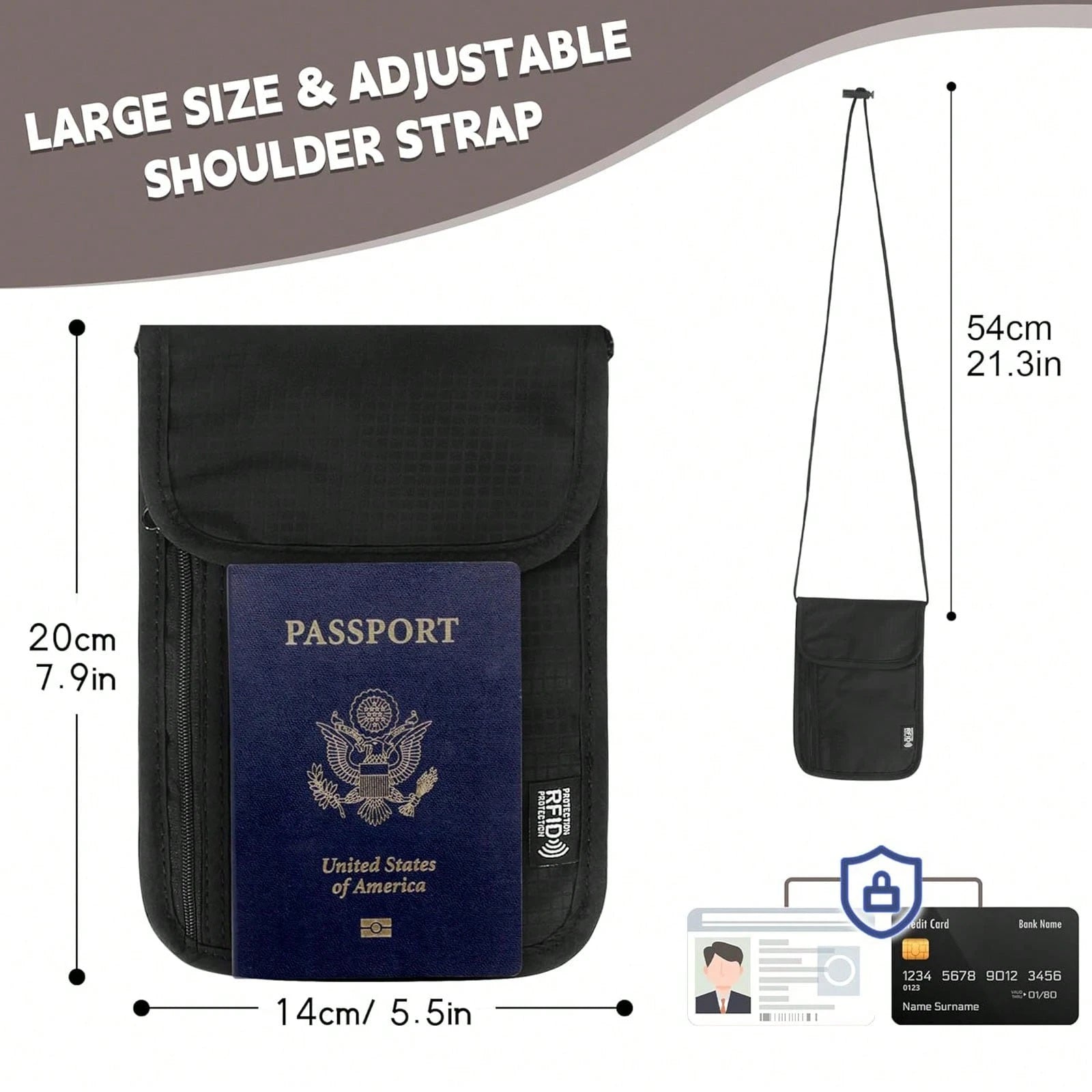XAXRE Travel Neck Wallet (5.5 Inches Long X 7.9 Inches Wide), RFID Anti-Theft Passport Holder (Crossbody/Neck), Adjustable Strap Length (21.3 Inches), Secure And Lightweight Passport Travel Wallet, Me