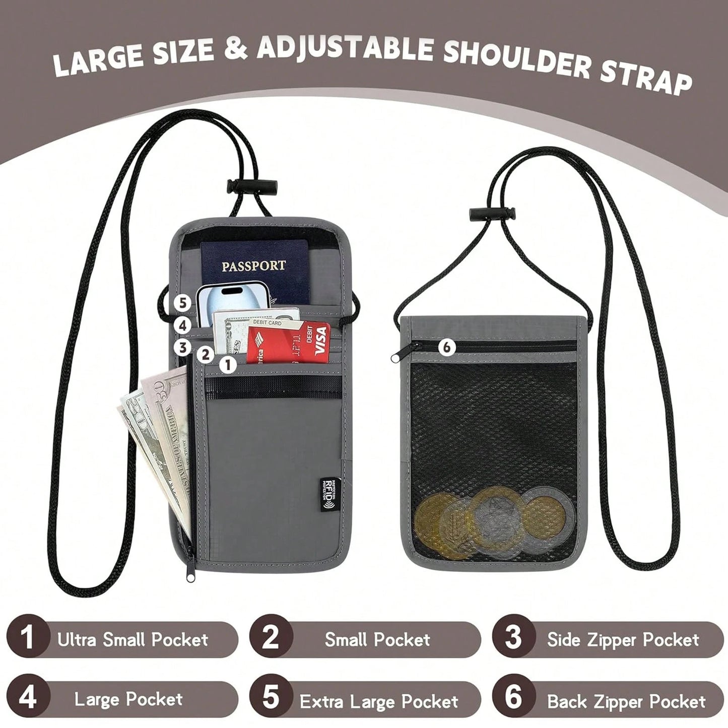 XAXRE Travel Neck Wallet (5.5 Inches Long X 7.9 Inches Wide), RFID Anti-Theft Passport Holder (Crossbody/Neck), Adjustable Strap Length (21.3 Inches), Secure And Lightweight Passport Travel Wallet, Me