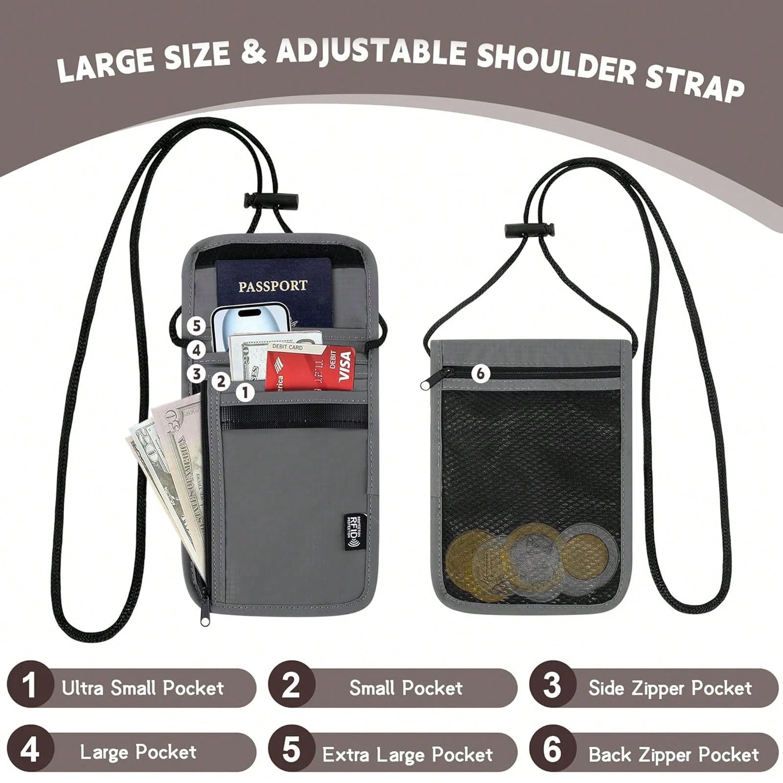 XAXRE Travel Neck Wallet (5.5 Inches Long X 7.9 Inches Wide), RFID Anti-Theft Passport Holder (Crossbody/Neck), Adjustable Strap Length (21.3 Inches), Secure And Lightweight Passport Travel Wallet, Me