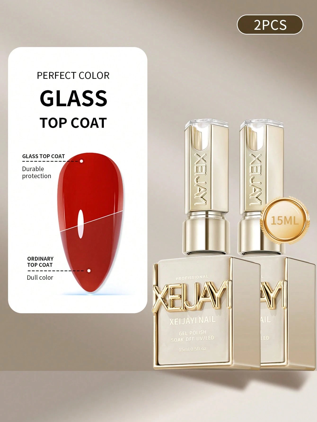 XEIJAYI 2Pcs 15ml Glass Top Coat Long Lasting Clear Rubber Top Coat LED UV Strengthen Nails High Gloss Top Finish Gel Nail Polish