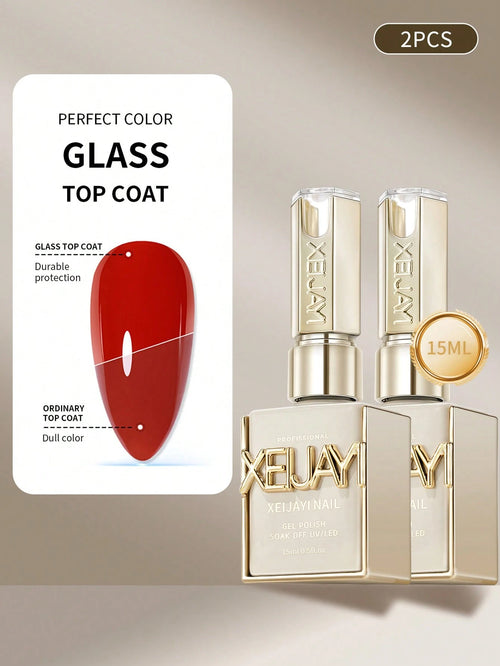 XEIJAYI 2Pcs 15ml Glass Top Coat Long Lasting Clear Rubber Top Coat LED UV Strengthen Nails High Gloss Top Finish Gel Nail Polish