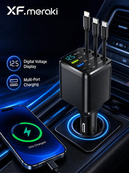 XF.Meraki 7-In-1 Car Charger, 100W Fast Charging, With 70cm Extension Cable, Built-In 180° Adjustable Type-C/IOS Interface And 80cm Extension Cable, Multi-Function Car Charger, Car Accessories