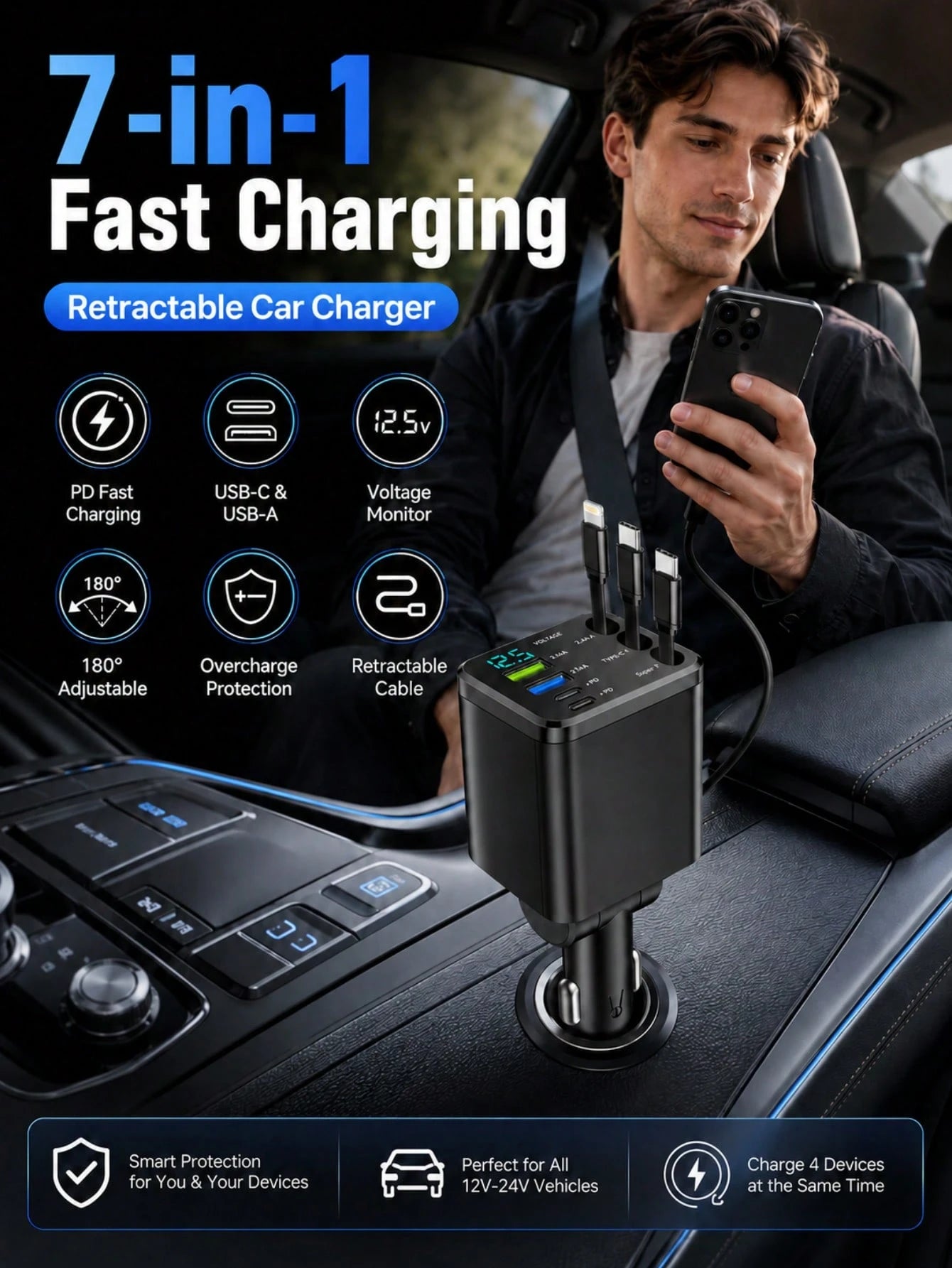XF.Meraki 7-In-1 Car Charger, 100W Fast Charging, With 70cm Extension Cable, Built-In 180° Adjustable Type-C/IOS Interface And 80cm Extension Cable, Multi-Function Car Charger, Car Accessories
