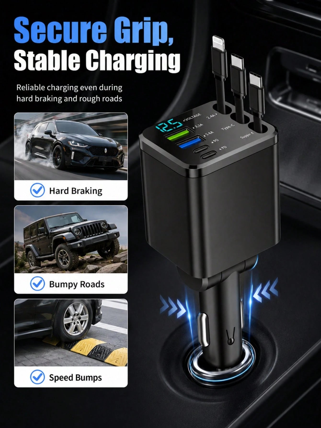 XF.Meraki 7-In-1 Car Charger, 100W Fast Charging, With 70cm Extension Cable, Built-In 180° Adjustable Type-C/IOS Interface And 80cm Extension Cable, Multi-Function Car Charger, Car Accessories