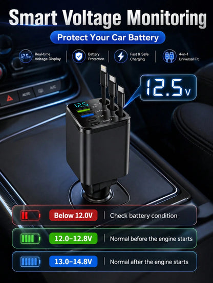 XF.Meraki 7-In-1 Car Charger, 100W Fast Charging, With 70cm Extension Cable, Built-In 180° Adjustable Type-C/IOS Interface And 80cm Extension Cable, Multi-Function Car Charger, Car Accessories
