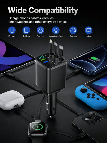 XF.Meraki 7-In-1 Car Charger, 100W Fast Charging, With 70cm Extension Cable, Built-In 180° Adjustable Type-C/IOS Interface And 80cm Extension Cable, Multi-Function Car Charger, Car Accessories