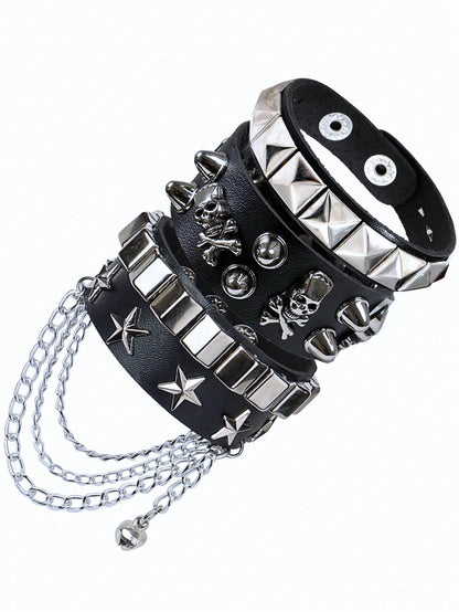 Xiacheng 1/3 Pieces Leather Punk Bracelet For Men Women 80s Wristband Goth Punk Rock PU Bracelet Cuff Bangle Unisex For Party Favors Accessories