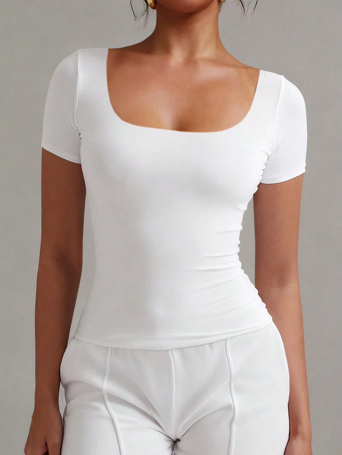 XLLAIS 2026 Summer Square Neck Short Sleeve Basic White Top, High Stretch Double-Layer Fitted T-Shirt, Casual Sports Fitness