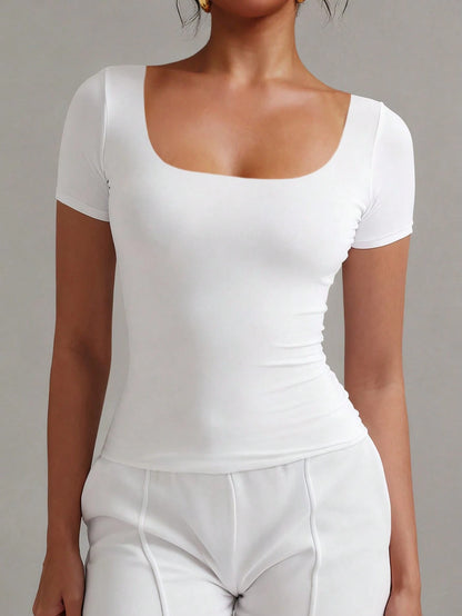XLLAIS 2026 Summer Square Neck Short Sleeve Basic White Top, High Stretch Double-Layer Fitted T-Shirt, Casual Sports Fitness