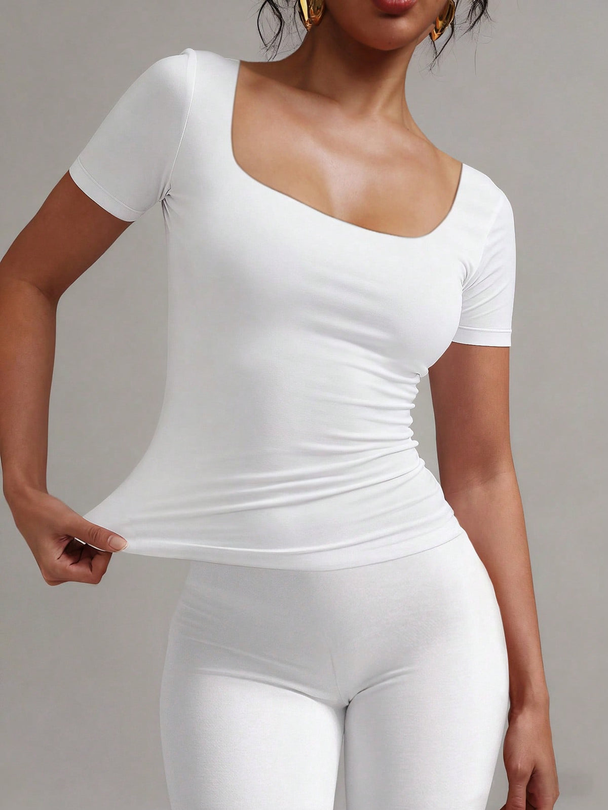 XLLAIS 2026 Summer Square Neck Short Sleeve Basic White Top, High Stretch Double-Layer Fitted T-Shirt, Casual Sports Fitness