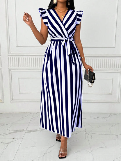Xyvia Women's V-Neck Cinched Waist Wide Dress Long Dress With Bowknot, Black And White Vertical Striped, Long Sleeve Maxi Women Outfit