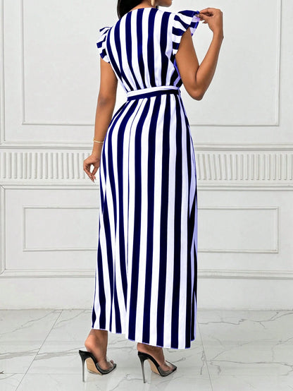 Xyvia Women's V-Neck Cinched Waist Wide Dress Long Dress With Bowknot, Black And White Vertical Striped, Long Sleeve Maxi Women Outfit