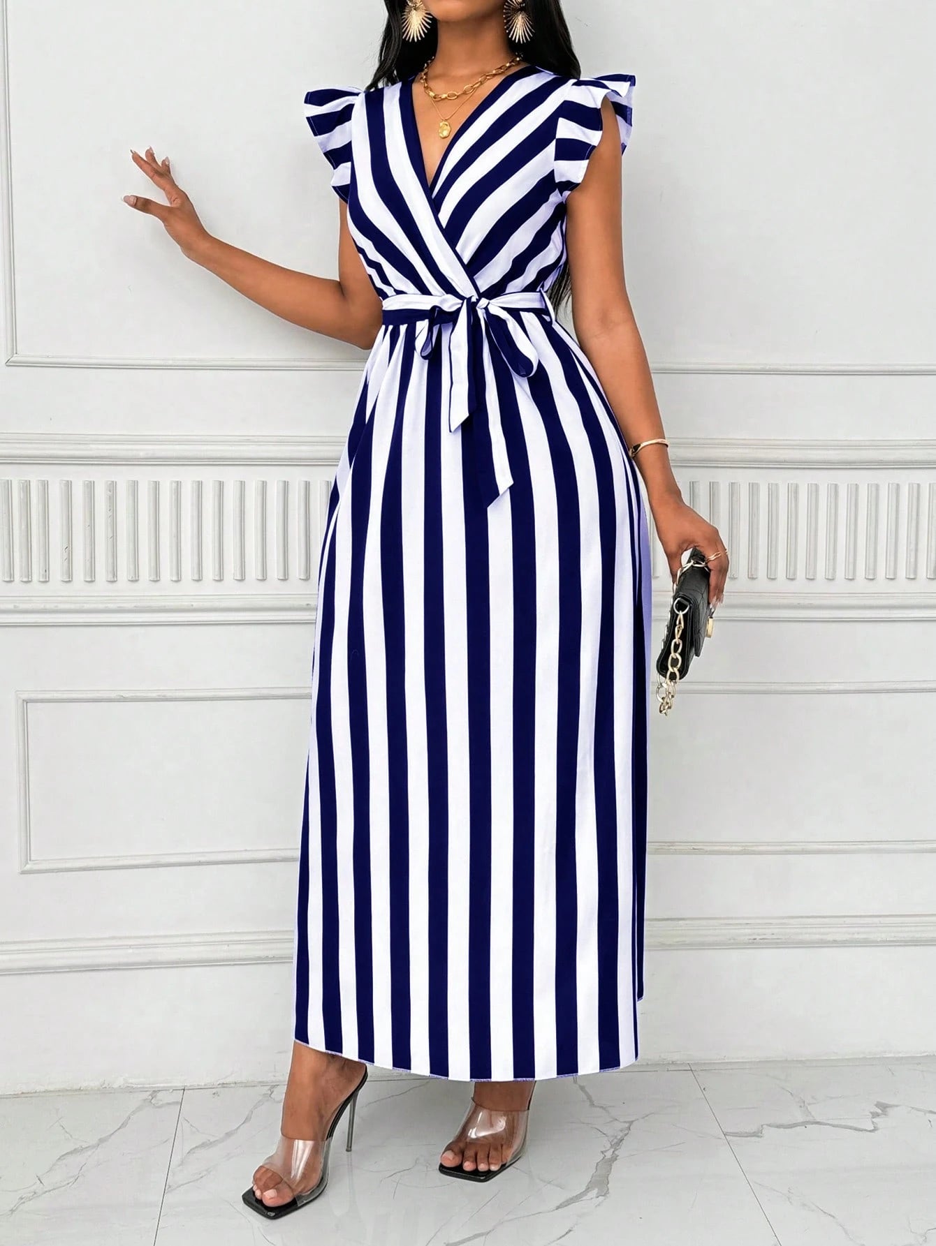 Xyvia Women's V-Neck Cinched Waist Wide Dress Long Dress With Bowknot, Black And White Vertical Striped, Long Sleeve Maxi Women Outfit