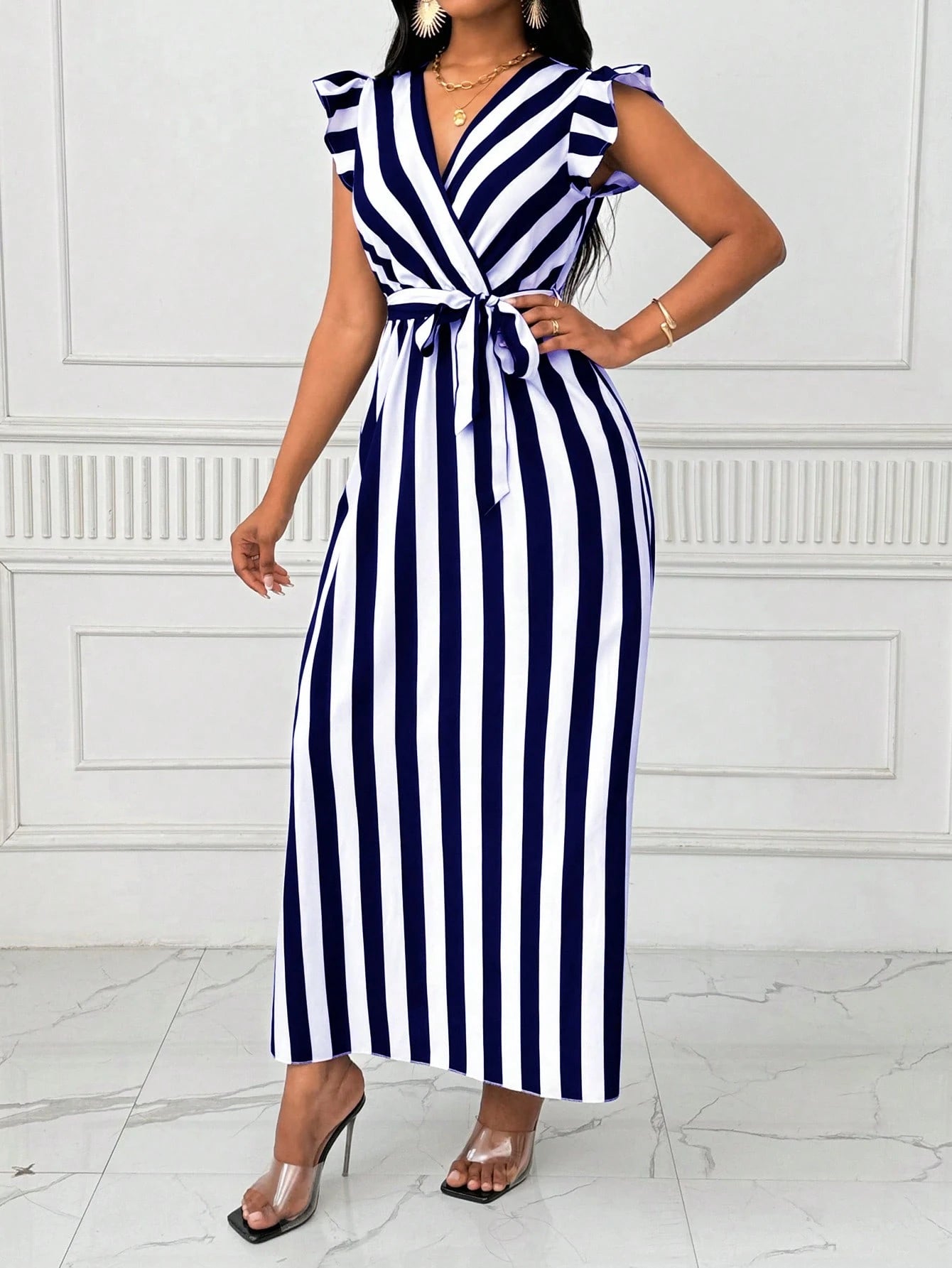 Xyvia Women's V-Neck Cinched Waist Wide Dress Long Dress With Bowknot, Black And White Vertical Striped, Long Sleeve Maxi Women Outfit