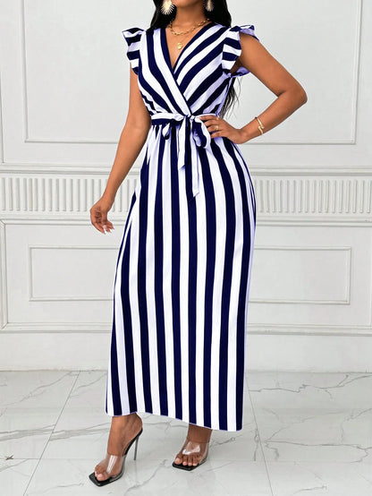 Xyvia Women's V-Neck Cinched Waist Wide Dress Long Dress With Bowknot, Black And White Vertical Striped, Long Sleeve Maxi Women Outfit