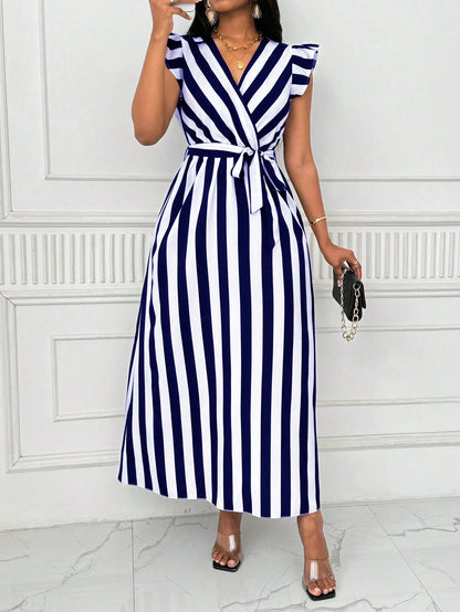 Xyvia Women's V-Neck Cinched Waist Wide Dress Long Dress With Bowknot, Black And White Vertical Striped, Long Sleeve Maxi Women Outfit