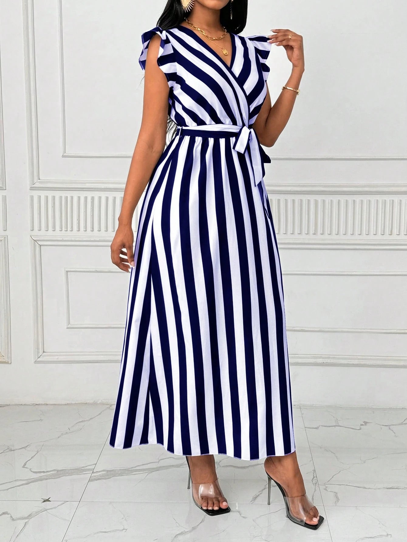 Xyvia Women's V-Neck Cinched Waist Wide Dress Long Dress With Bowknot, Black And White Vertical Striped, Long Sleeve Maxi Women Outfit